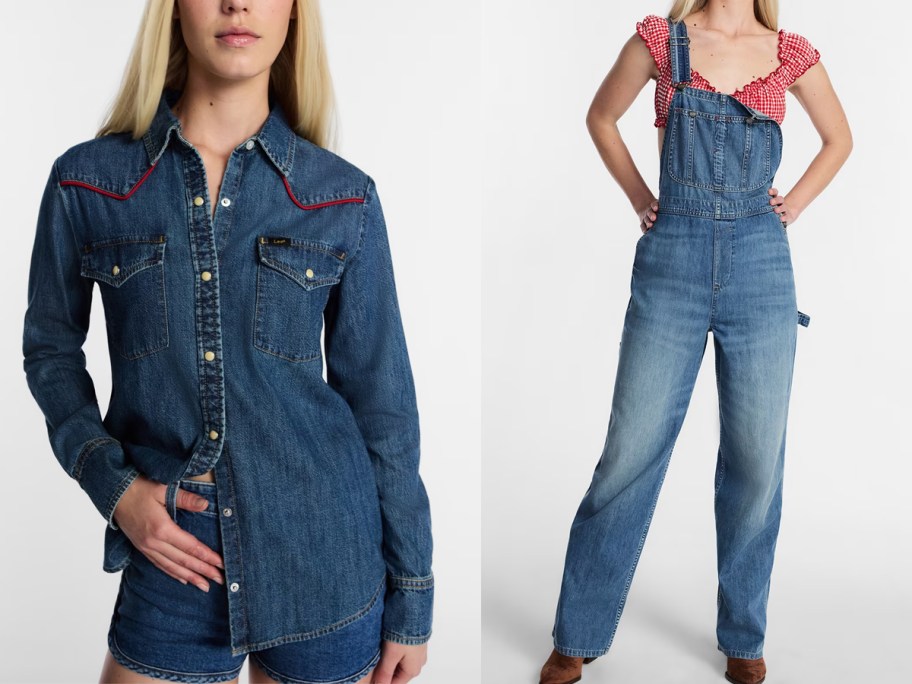 women wearing jean top and overalls 