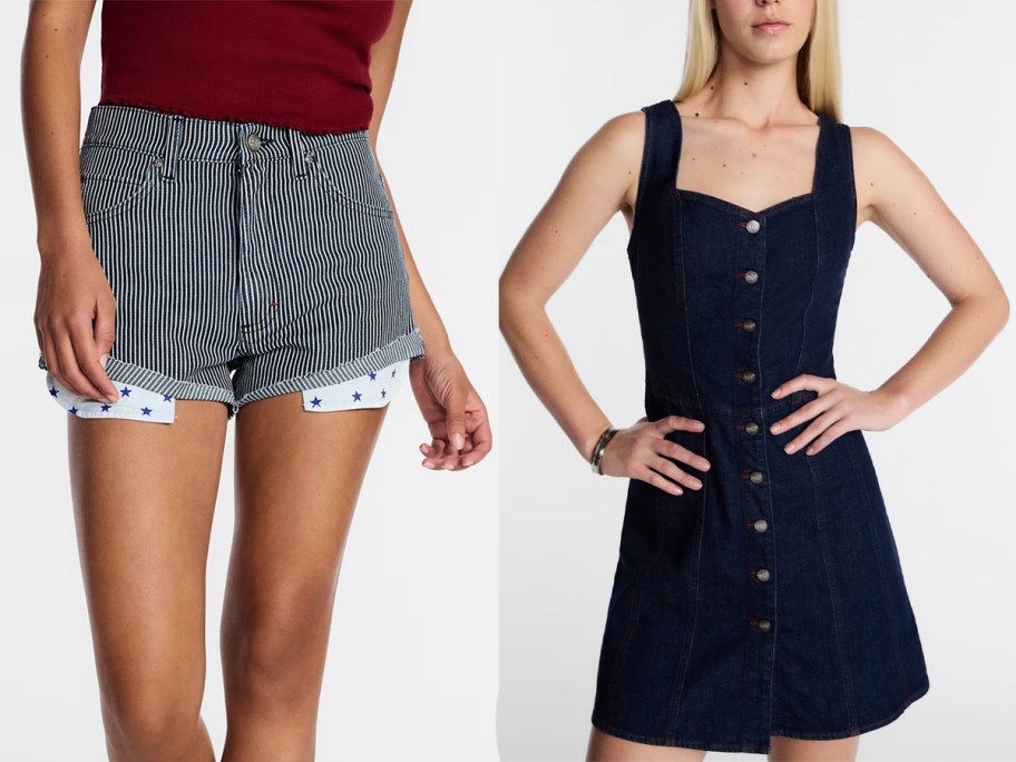 women wearing blue shorts and dress 