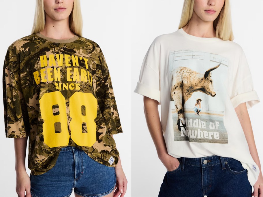 women wearing camo and bull tees 