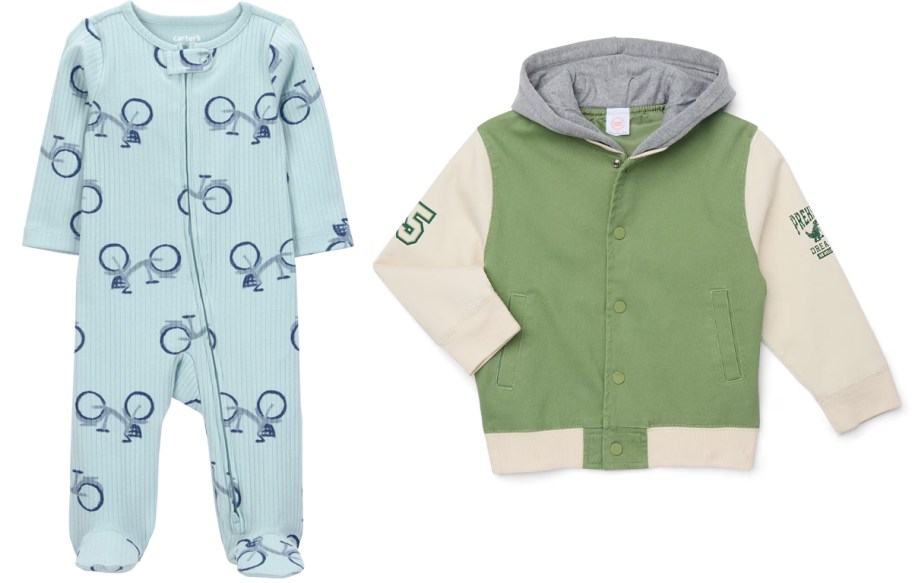 bike sleep n play and green bomber jacket 