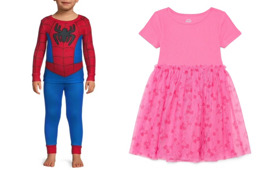 kid in spiderman pajamas and girls pink dress 
