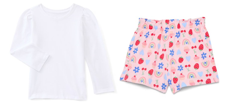 white long sleeve tee and pink shorts 