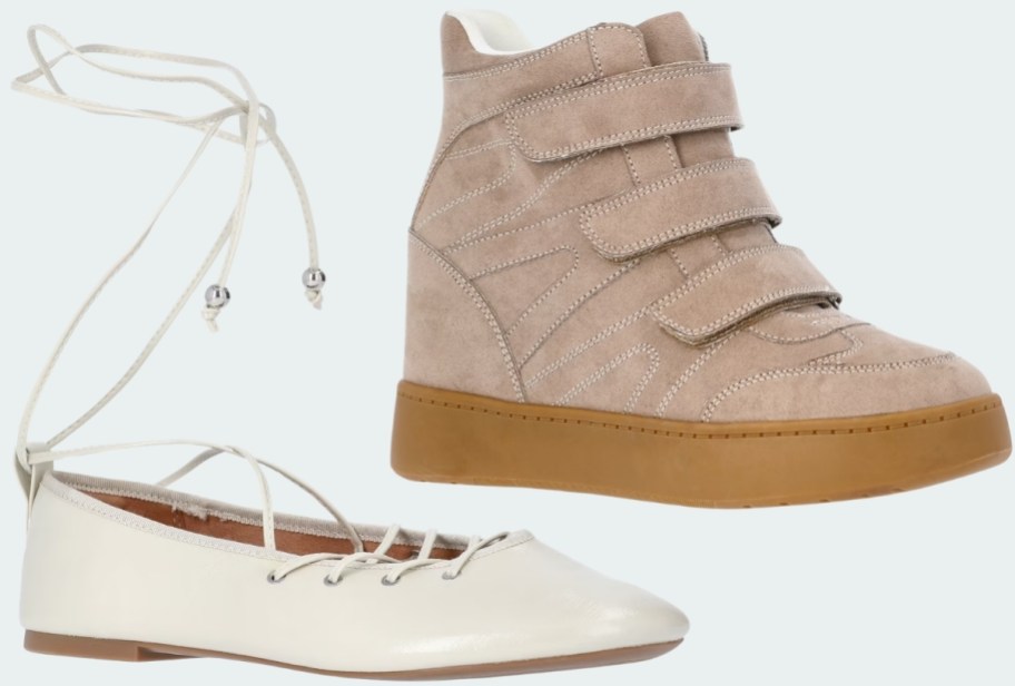 a white ballet flat and a beige wedge sneaker