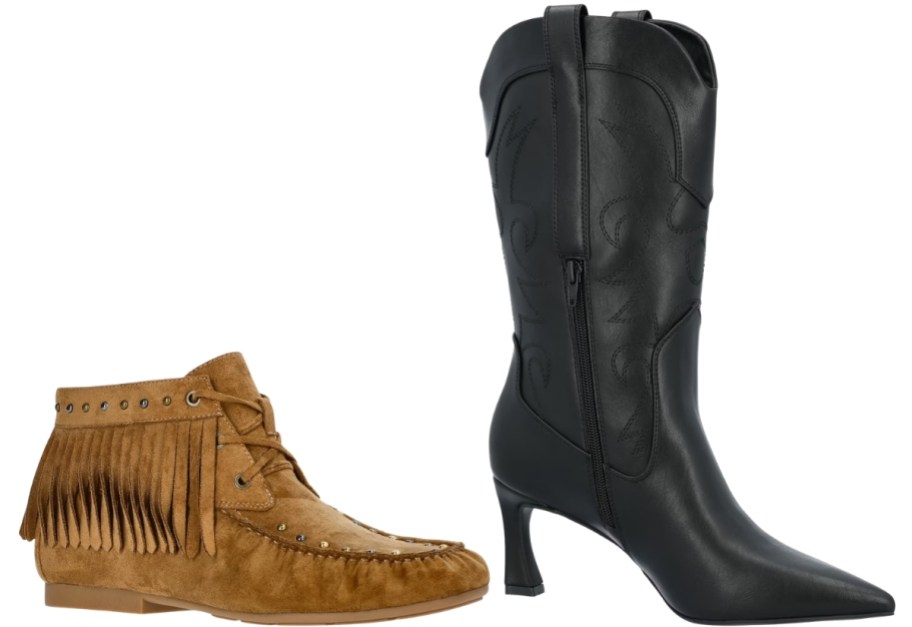 womans black heeled booties and brown fringe moc booties