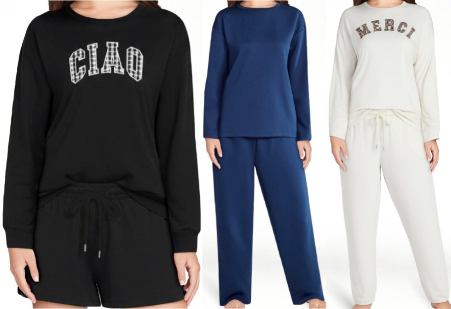 Three women's lounge sets side-by-side: a black long-sleeve top and shorts with "CIAO" on the front, a solid navy blue long-sleeve top and pants, and a cream long-sleeve top and joggers with "MERCI" on the front.