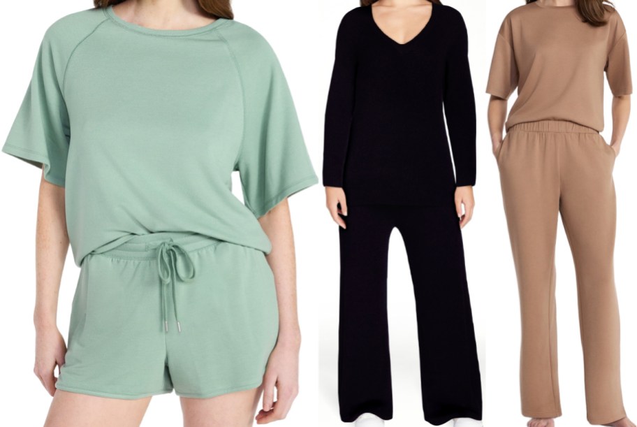 Three women's lounge sets side-by-side: a light green short-sleeve top and shorts, a black long-sleeve v-neck top and wide-leg pants, and a tan short-sleeve top and pants.