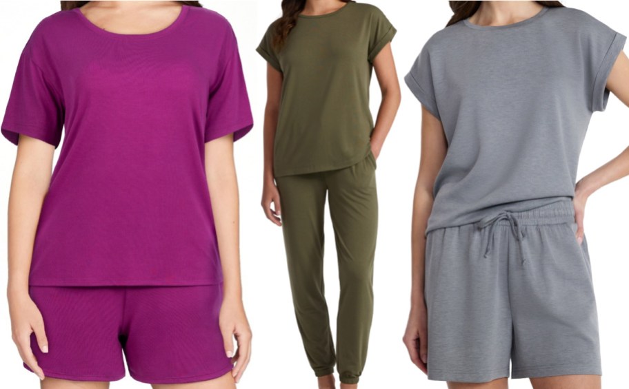 Three women's lounge sets side-by-side: a magenta short-sleeve top and shorts, an olive green short-sleeve top and joggers, and a grey short-sleeve top and drawstring shorts.