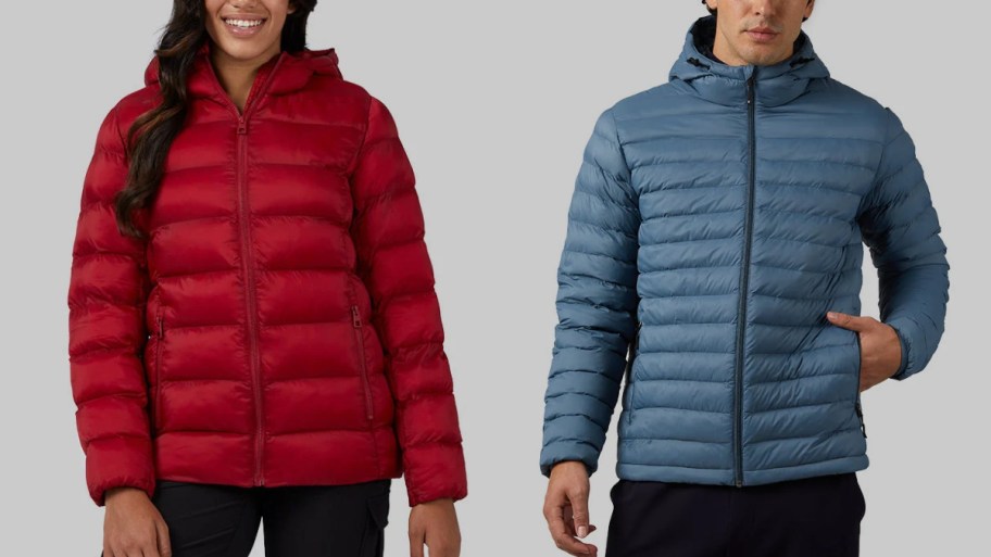 woman in and man in packable jackets
