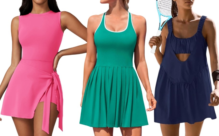 three women in different styles and colors of athletic dresses