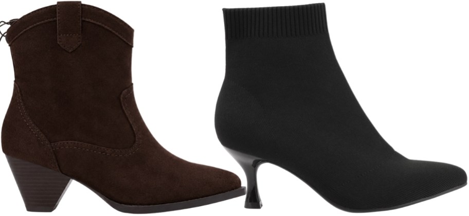 womens brown bootie and black sock bootie