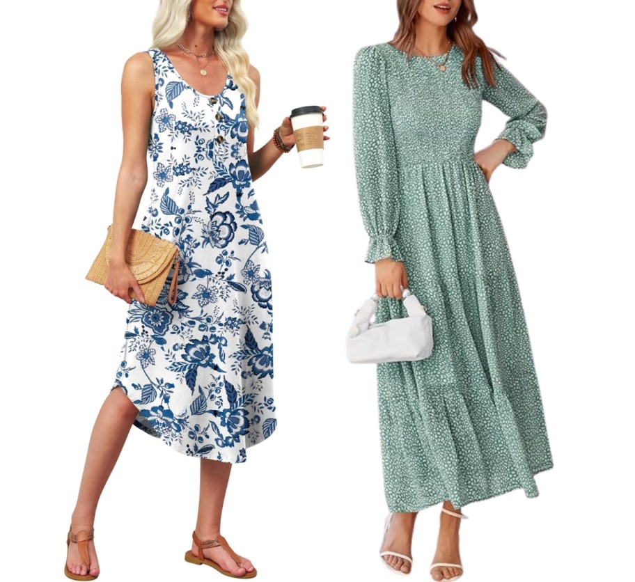 a woman in a floral print summer dresss and a woman wearing a longsleeve green floral print tierded maxi dress