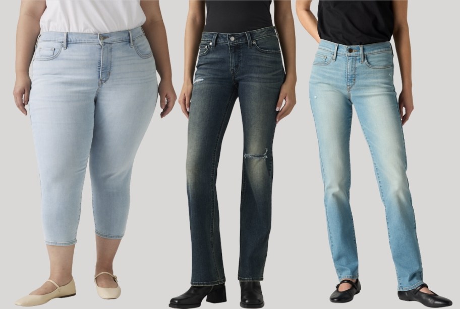 3 women in 3 different styles of jeans