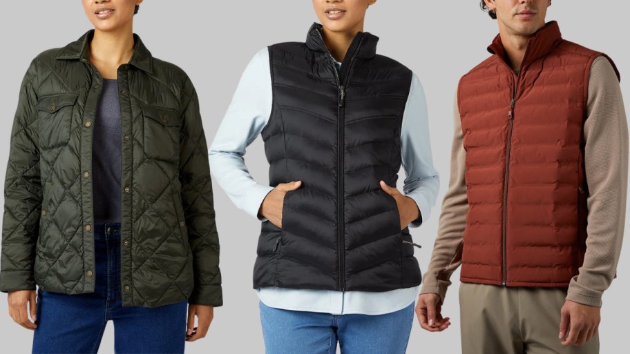 woman in a shirt jacket woman in a vest and man in a vest