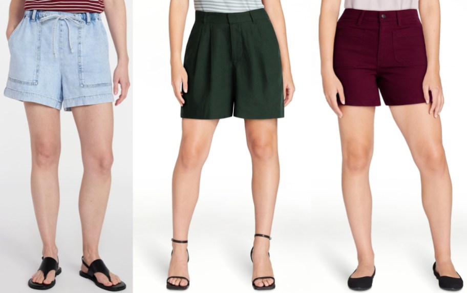 Three models side-by-side against a white background wearing different styles of shorts: light blue denim drawstring shorts on the left, dark green pleated shorts in the middle, and burgundy pocketed shorts on the right.