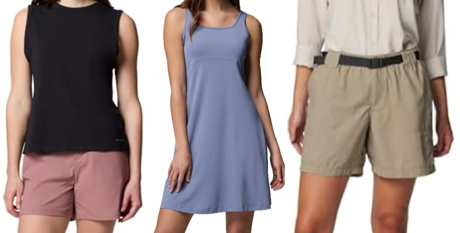 Three people modeling clothing side-by-side against a white background: one wearing a black sleeveless top and pink shorts on the left, one wearing a light blue sleeveless dress in the middle, and one wearing a light tan shirt and belted tan shorts on the right.
