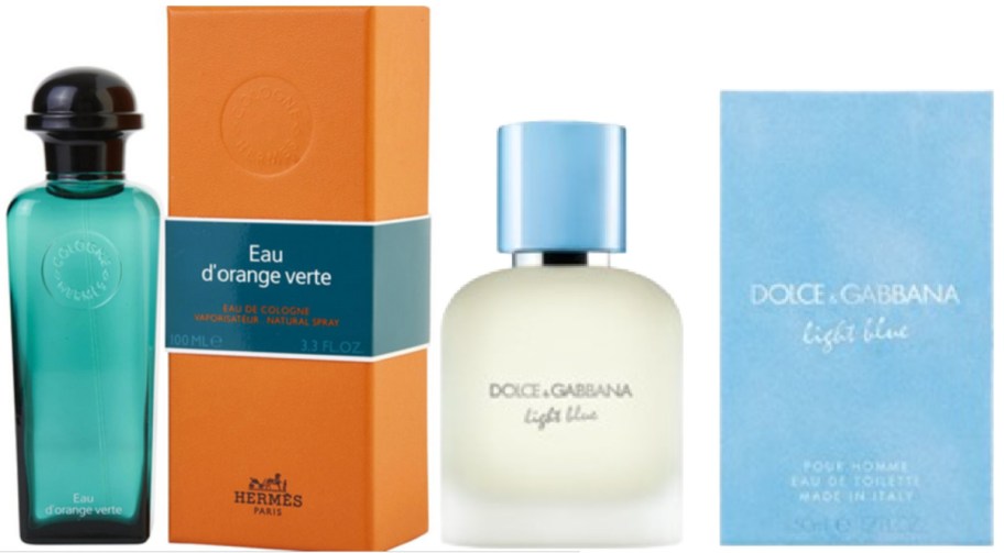 Two perfume bottles with matching boxes. Left: Green bottle, orange box labeled "Eau d'orange verte" by Herm&egrave;s. Right: Frosted bottle, blue box labeled "Light Blue" by Dolce & Gabbana.
