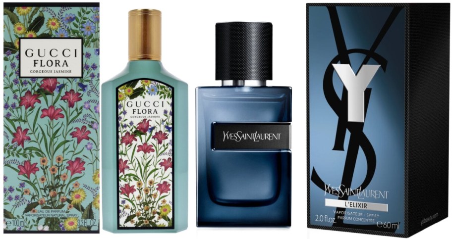Perfume bottles with boxes: Gucci Flora in floral packaging and bottle, Yves Saint Laurent L'Elixir in sleek black and blue design.