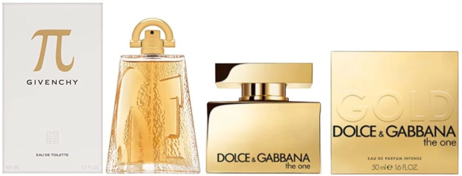 Two perfume bottles and their boxes. Left: Givenchy Pi in a clear, triangular bottle with white packaging. Right: Dolce & Gabbana The One, gold with matching box.