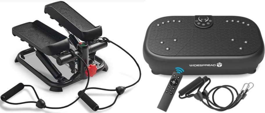 An exercise equipment consisting of a stepper on the left with adjustable pedals and resistance bands, and a vibration plate on the right with a remote control.