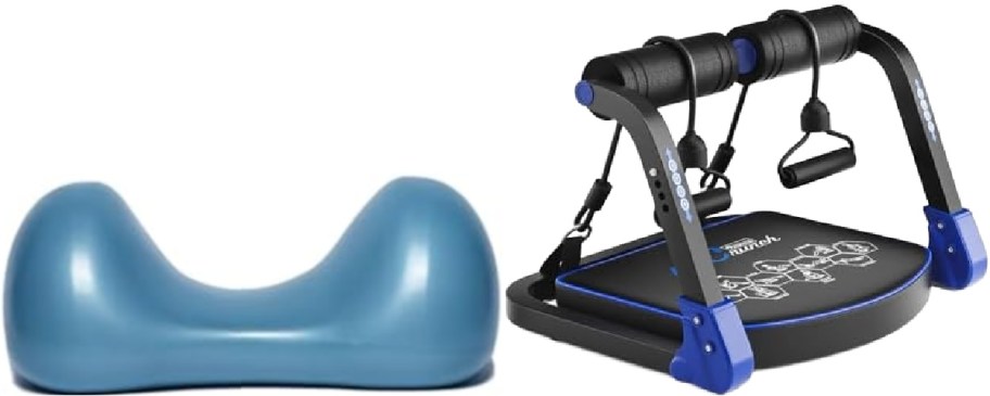 Blue oblong exercise ball next to a black and blue adjustable ab workout machine with resistance bands.