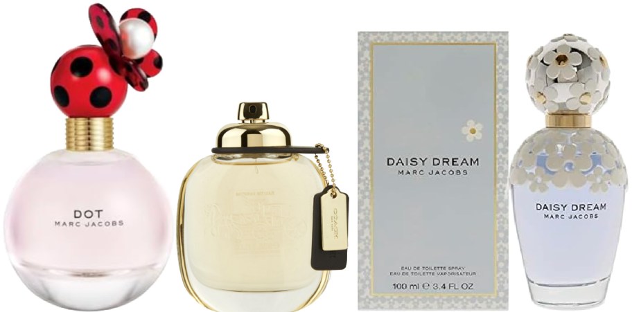 Perfume bottles with unique designs: A pink bottle with ladybug cap, a gold bottle with a tag, and a floral white-and-blue bottle with matching box.