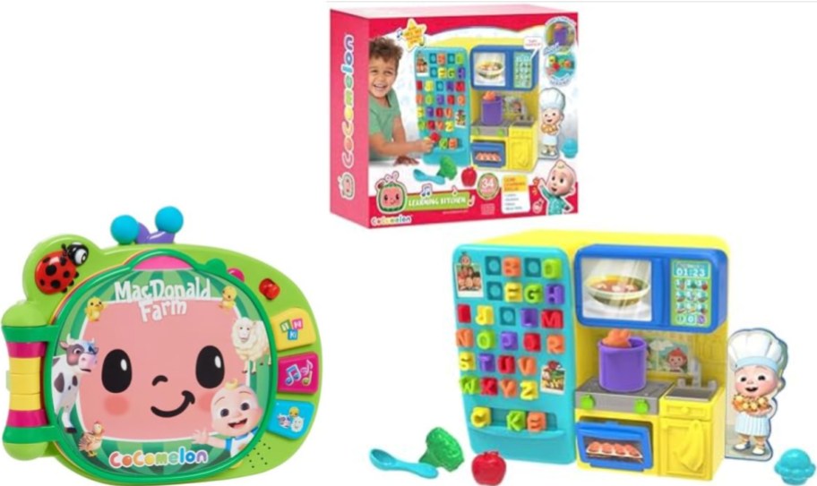 Colorful Cocomelon toy set featuring an electronic learning book with illustrated farm animals, and a toy kitchen playset with alphabet blocks.
