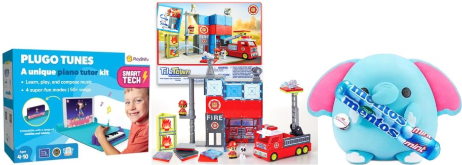 Toy assortment featuring a Plugo Tunes piano kit, a fire station building set with a truck, and a blue elephant holding mint candies.