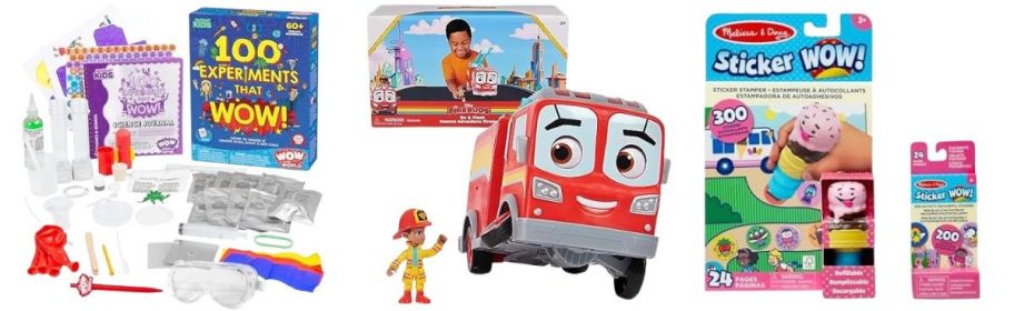 Wow in The World 100 Experiments That Wow Science Kit by Thames & Kosmos, Disney Junior Firebuds, Bo, & Flash Rescue Adventure Fire Truck w/ VROOMLINK, and Melissa & Doug Sticker Wow! Ice Cream Bundle