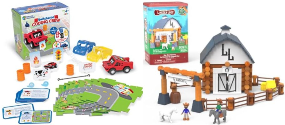 Toy sets arranged side by side against a white background. Left: a coding game with colorful vehicles, mats, and instructions. Right: a Lincoln Logs farm set with a barn, figures, and animals.