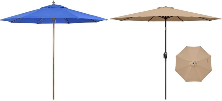 blue and tan umbrellas