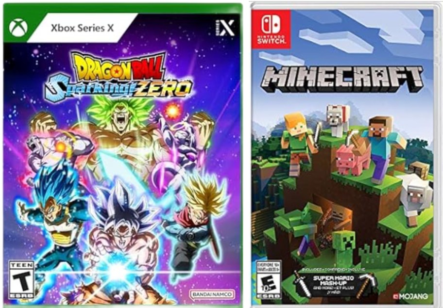 حالات ألعاب فيديو جنبًا إلى جنب لـ Dragon Ball Sparking! ZERO على Xbox Series X وMinecraft على Nintendo Switch.