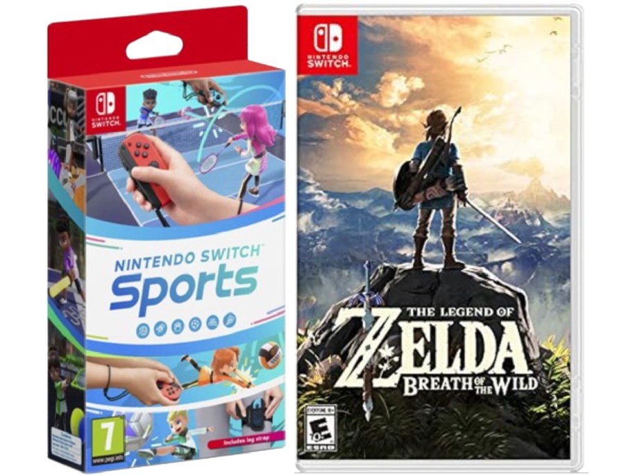 حافظات ألعاب فيديو جنبًا إلى جنب لجهاز Nintendo Switch Sports وThe Legend of Zelda: Breath of the Wild على Nintendo Switch.