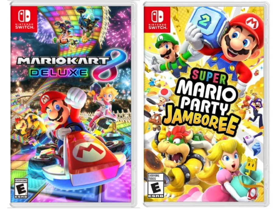حافظات ألعاب فيديو جنبًا إلى جنب لـ Mario Kart 8 Deluxe وSuper Mario Party Jamboree على Nintendo Switch.