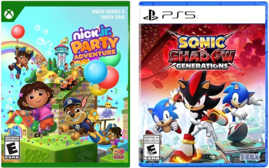 حافظات ألعاب فيديو جنبًا إلى جنب لـ Nick Jr. Party Adventure على Xbox وSonic X Shadow Generations على PlayStation 5.