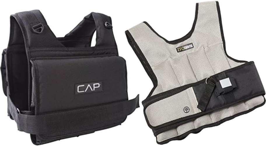 Two different types of weighted vests side by side: one is black with a smooth exterior and the other is gray with a mesh design and additional pockets.
