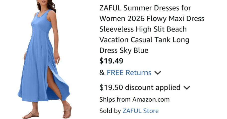 woman wearing blue dress next to Amazon pricing information