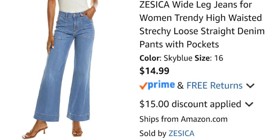 woman wearing jeans next to Amazon pricing information