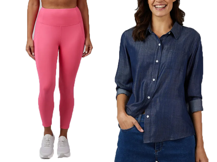 woman with pink leggings and blue long sleeve 