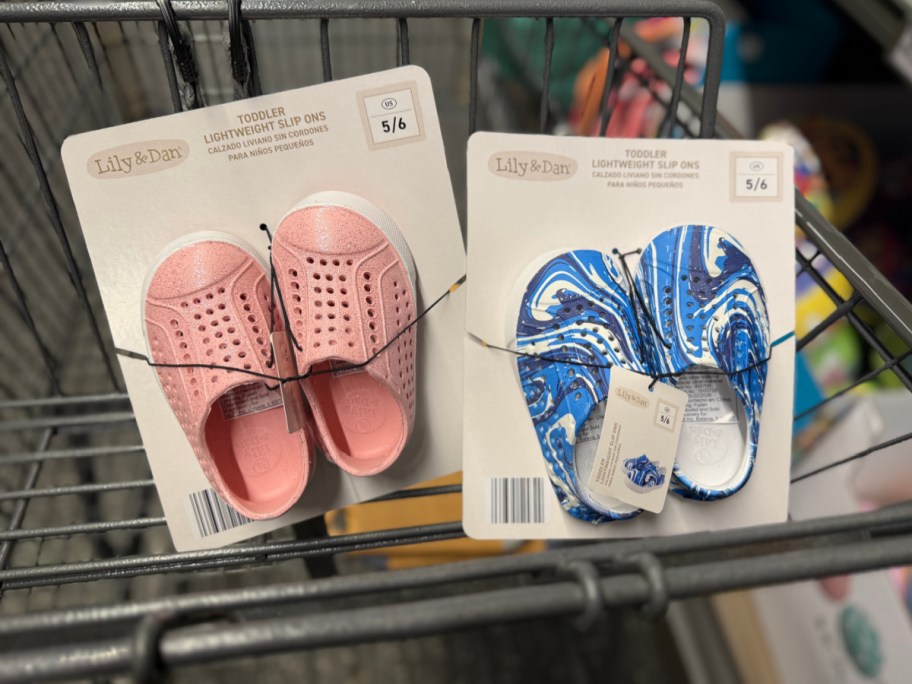 pink and blue kids water shoes in cart