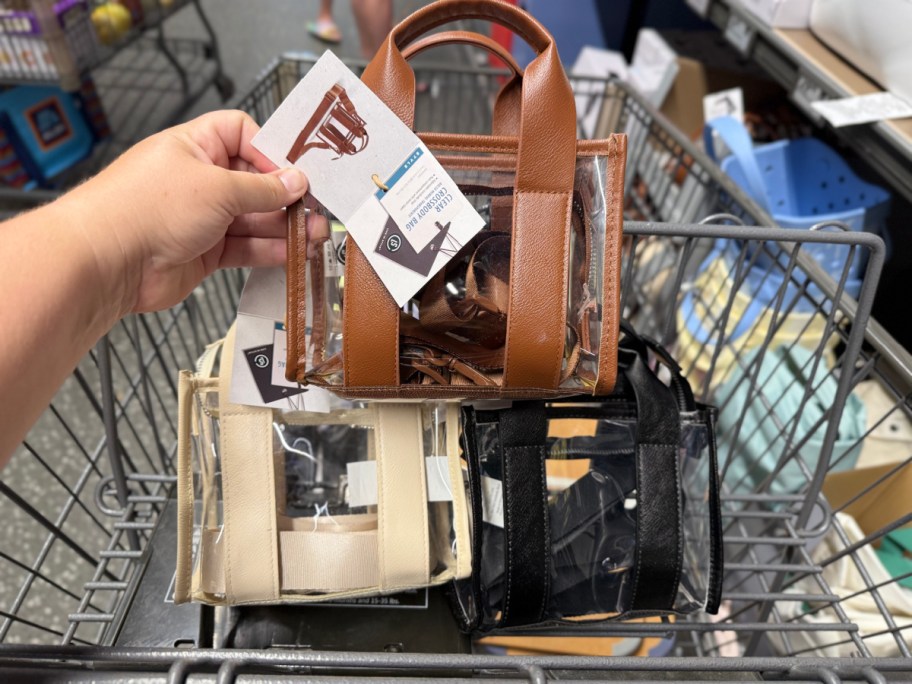 clear handle tote bags in cart