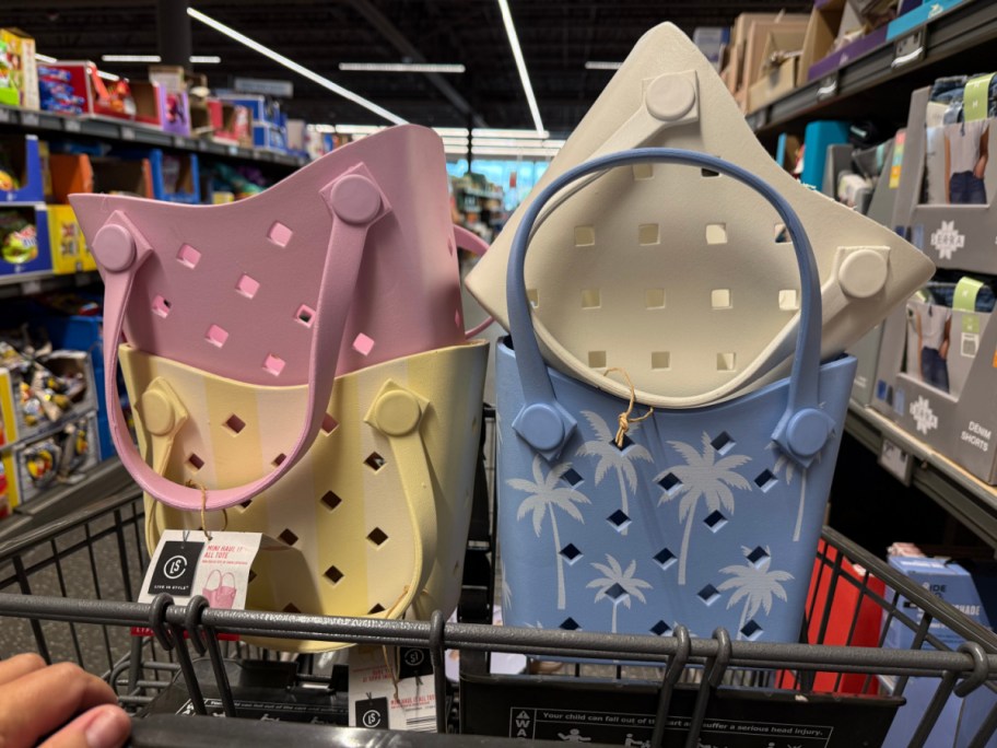 pink, yellow, blue, and white hole tote bags