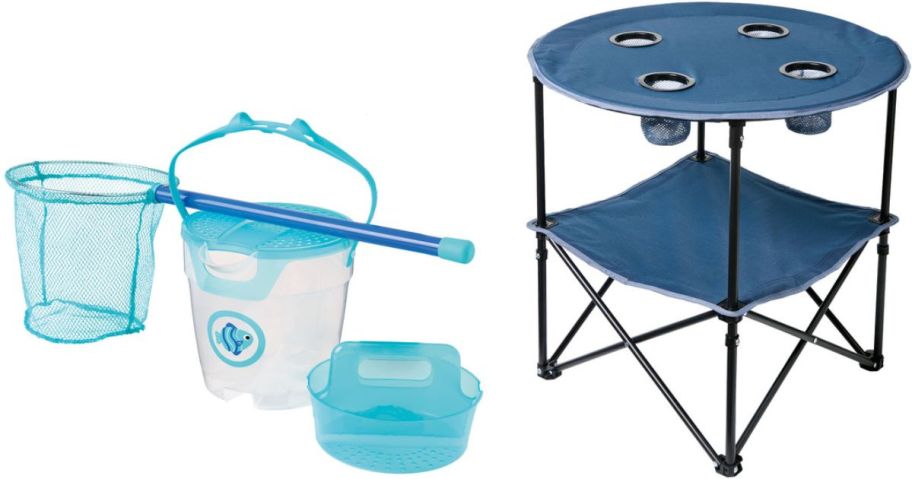 A kids adventure bucket and Net and a Pop up Camping Table