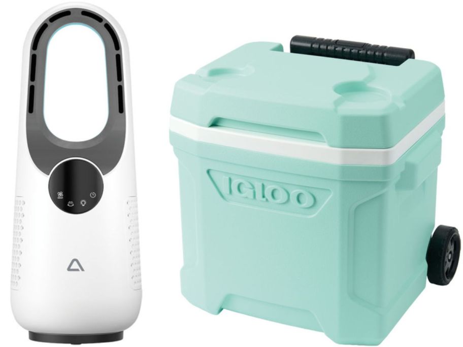 stock images of an Ambiano Bladeless tabletop Fan and an Igloo rolling cooler
