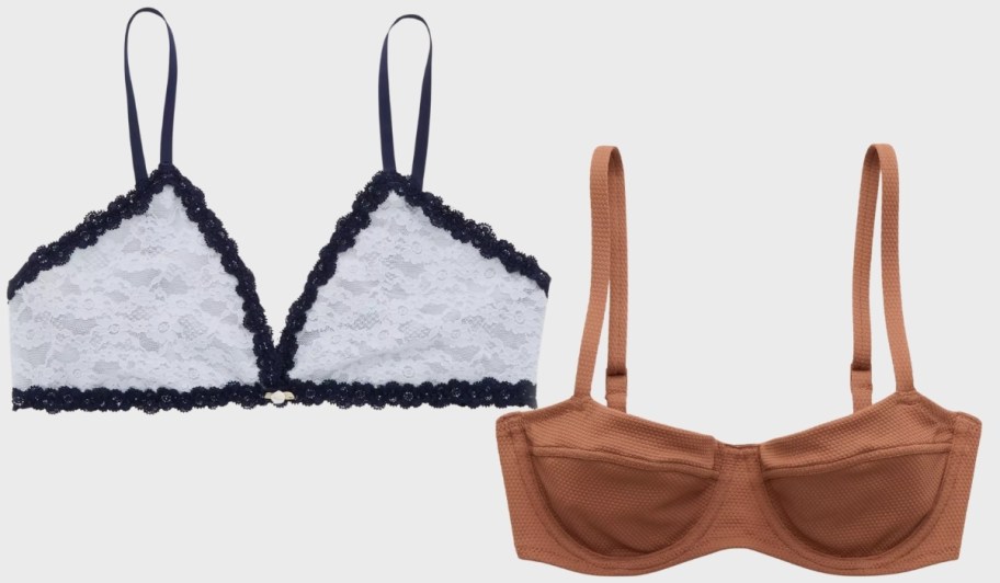 stock images of aerie triangle bralette in a light and dark blue and underwire bikini top in brown