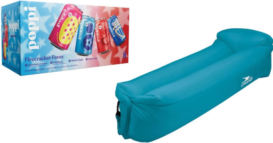 A case of Poppi Prebiotic Sodas and a Crane air lounger