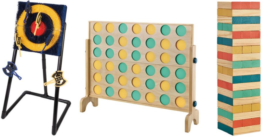 Stock images of Crane outdoor Axe Throwing, 4-in-a Row and Tumbling Tower Games