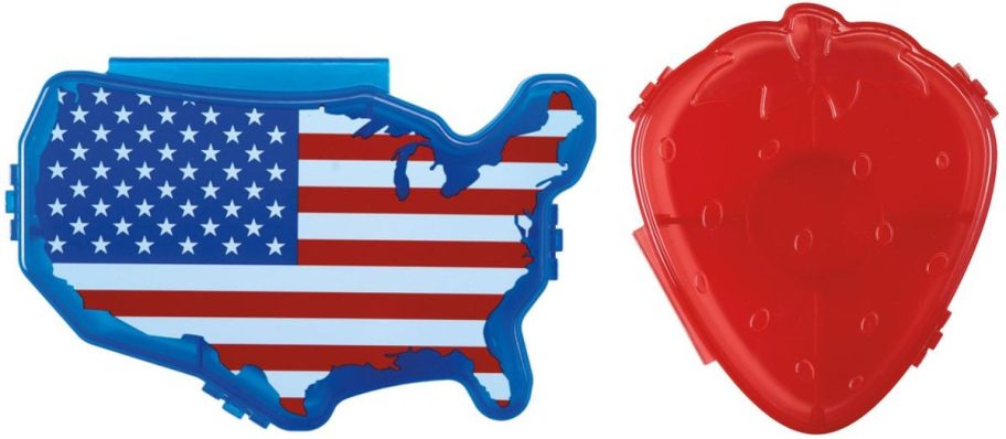 Stock images of two Crofton Snackle Boxes shaped like the USA and a Strawberry