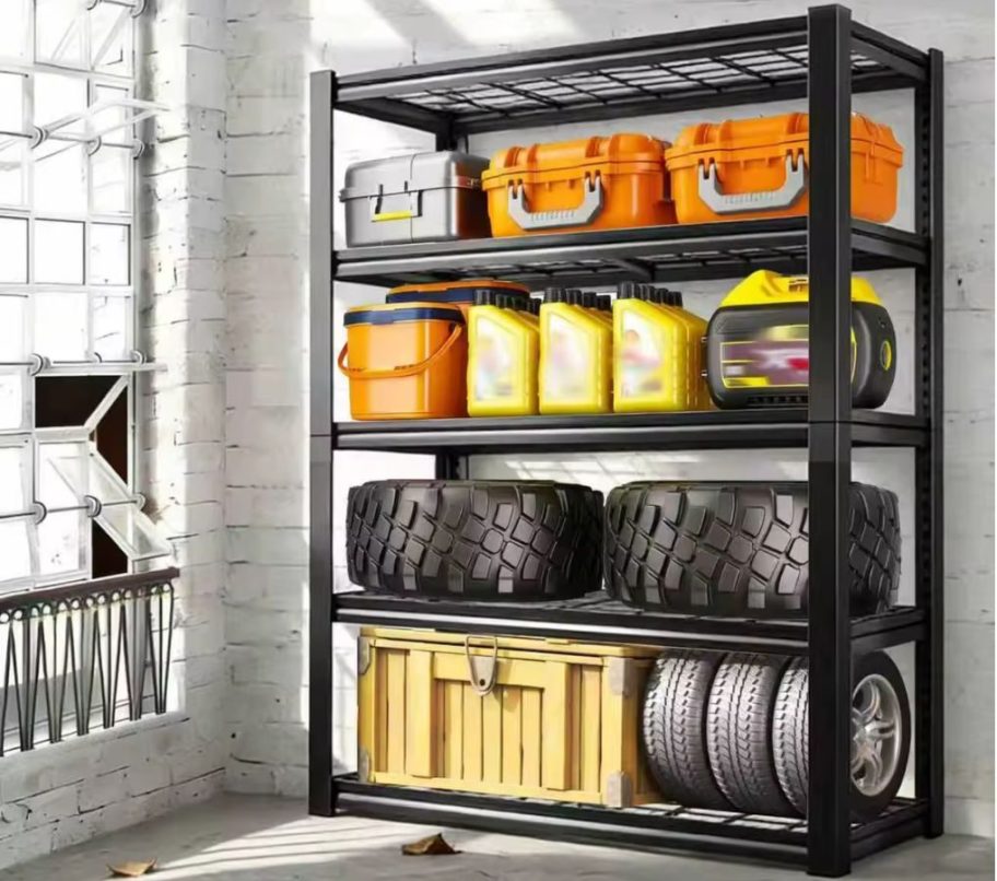 AliExpress Storage Shelf in a garage filled with toolboxes, car fluids and tires