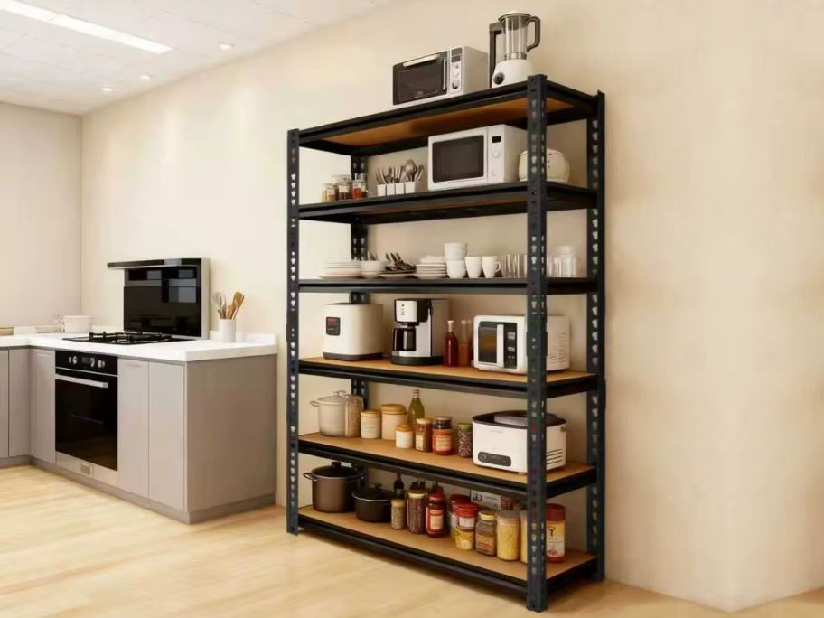 A metal Storage shelf in a kitchen