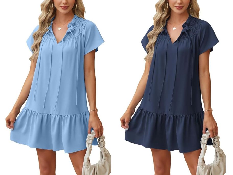 Stock images of two women wearing Angashion Women's Summer Mini Dresses